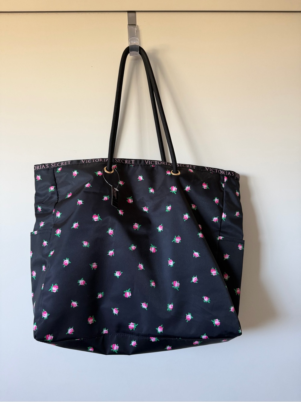 Victoria's Secret Black Tote with Pink Rose Print